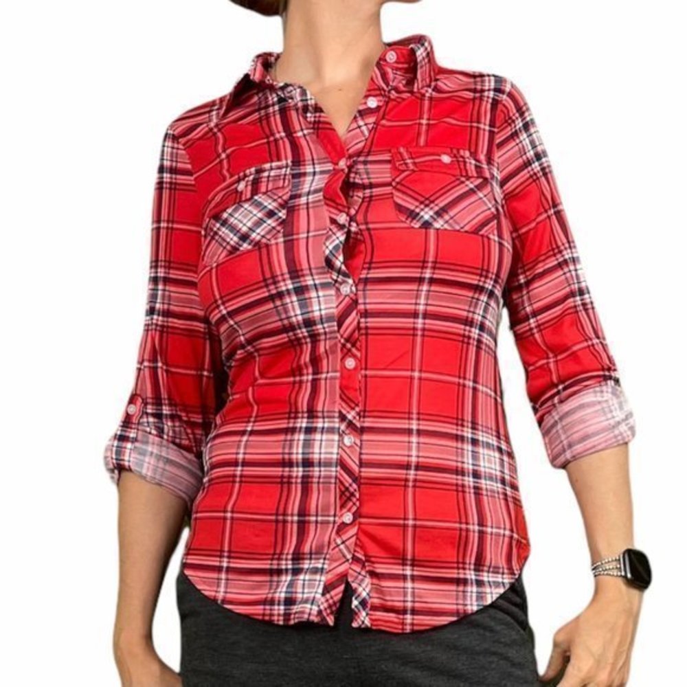 MILK & HONEY Red Plaid Button Down Top Small